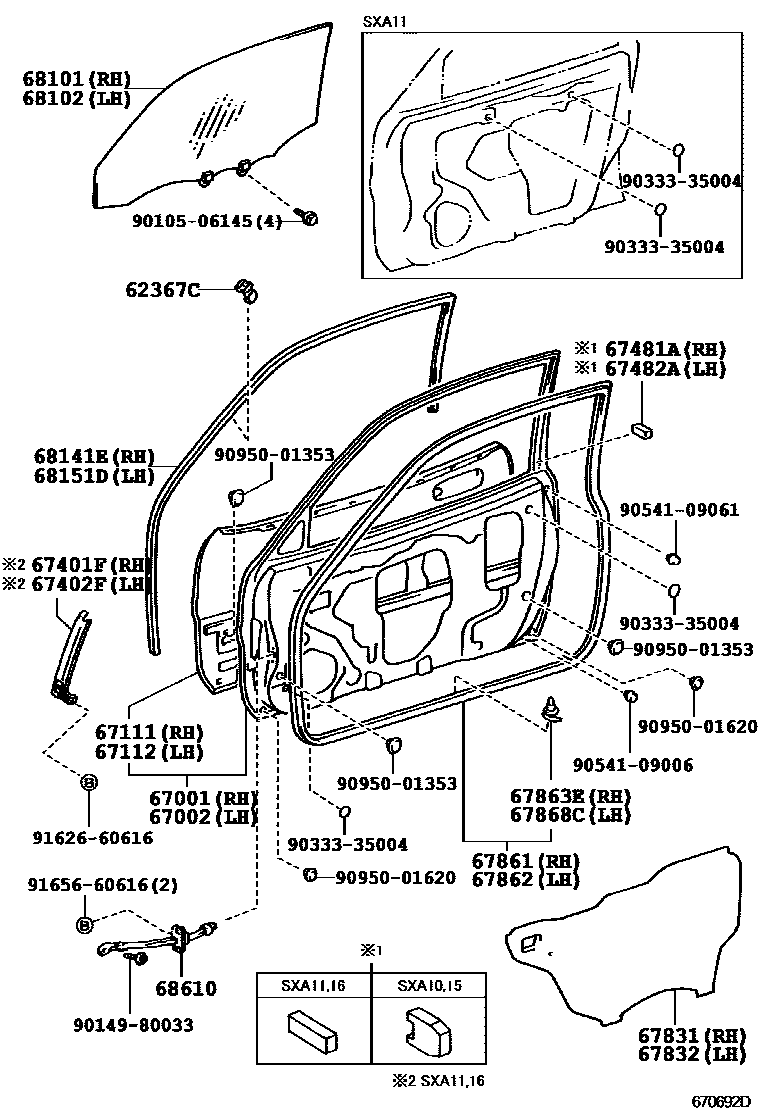 Toyota RAV4 前门板和前门玻璃 EPC diagram — 670692D
