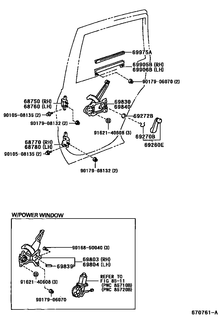 Toyota RAV4 后门车窗升降器和合页 EPC diagram — 670761A