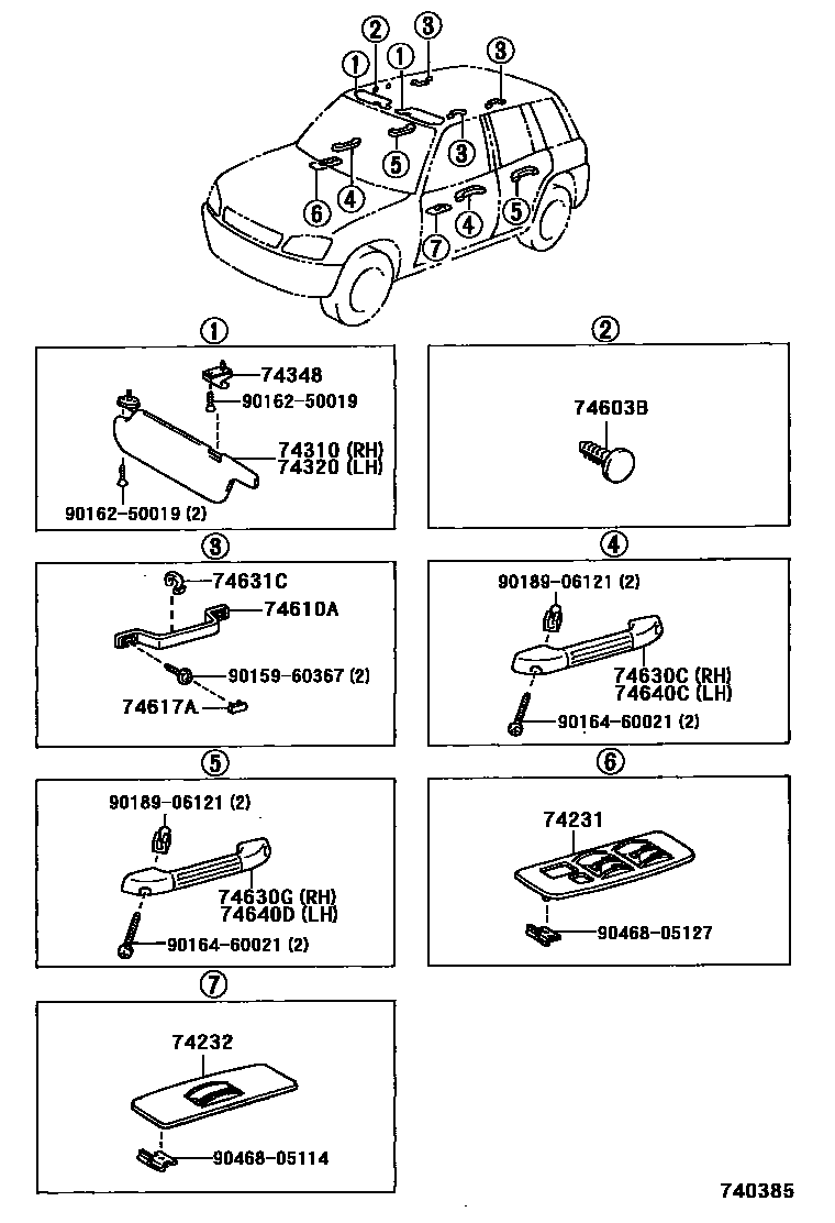 Toyota RAV4 扶手和遮阳板 EPC diagram — 740385