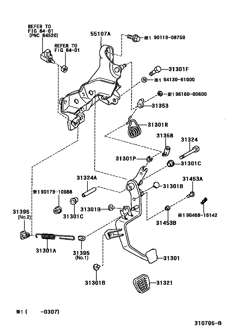 Toyota RAV4 离合器踏板和挠性软管 EPC diagram — 310705B
