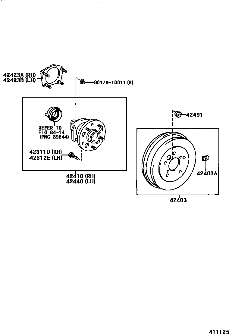 Toyota RAV4 后桥半轴和后桥轮毂 EPC diagram — 411125