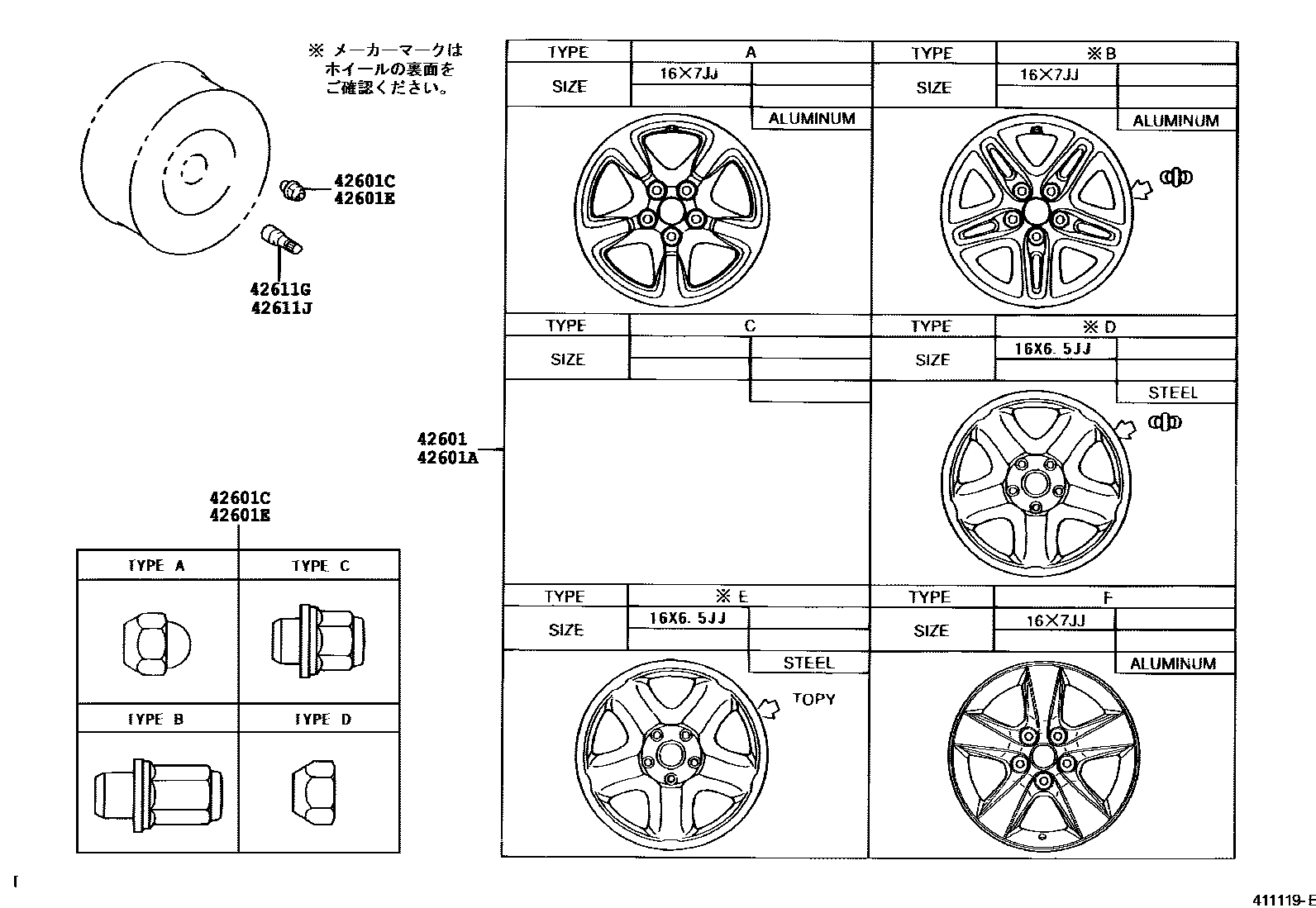 Toyota RAV4 车轮和车轮盖 EPC diagram — 411119E