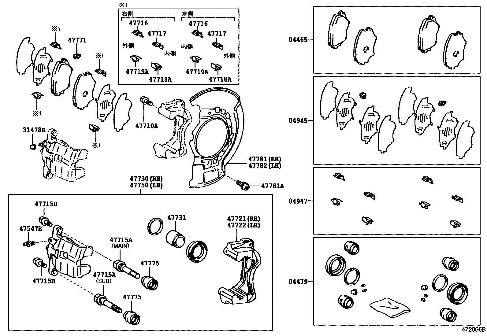 Toyota RAV4 前盘式制动器卡钳和防尘罩 EPC diagram — 472066B
