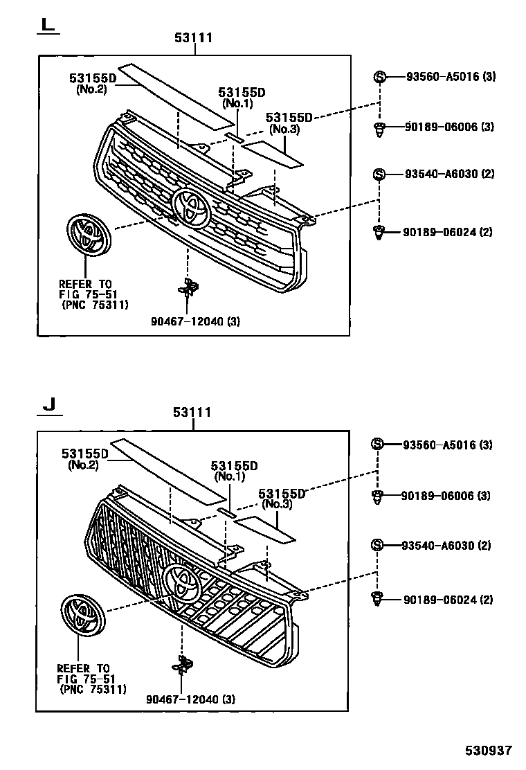 Toyota RAV4 radiator grille EPC diagram — 530937