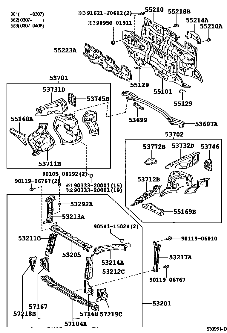 Toyota RAV4 前翼子板挡泥板和前围板 EPC diagram — 530951D