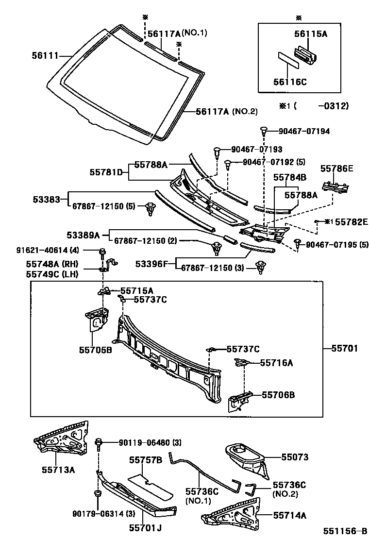 Toyota RAV4 前围板和挡风玻璃 EPC diagram — 551156B