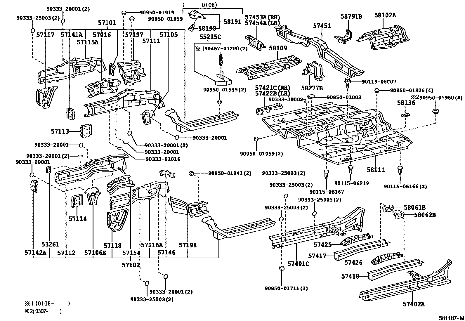 Toyota RAV4 前地板和前地板梁 EPC diagram — 581187M