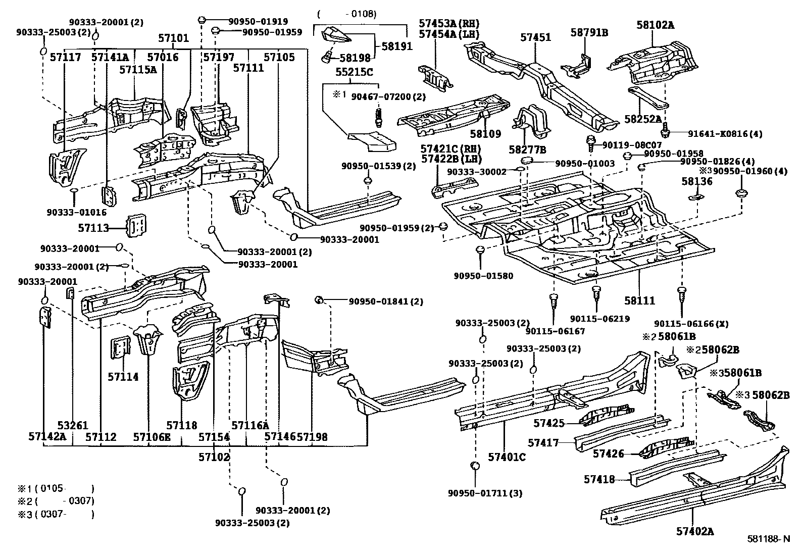Toyota RAV4 前地板和前地板梁 EPC diagram — 581188N