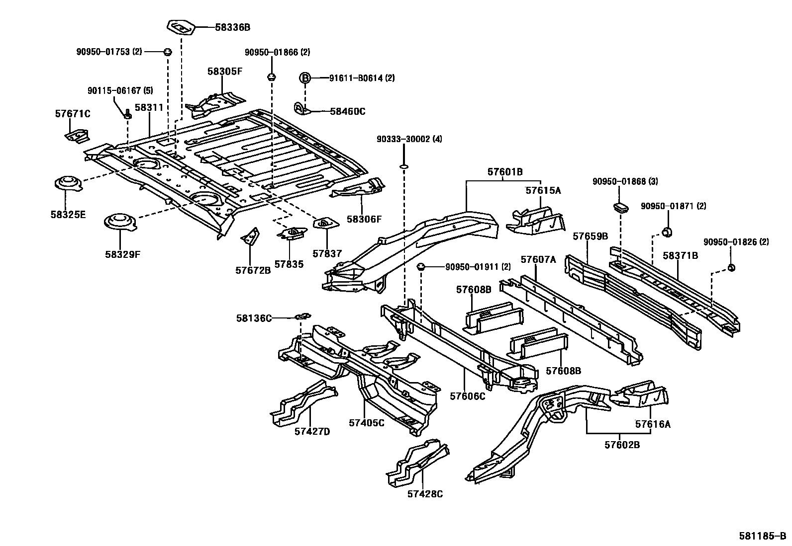 Toyota RAV4 后地板和后地板梁 EPC diagram — 581185B
