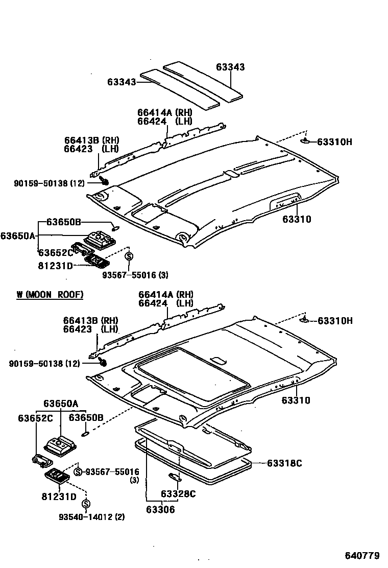 Toyota RAV4 车顶内衬和消声垫 EPC diagram — 640779