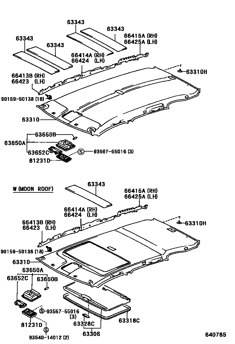 Toyota RAV4 车顶内衬和消声垫 EPC diagram — 640785