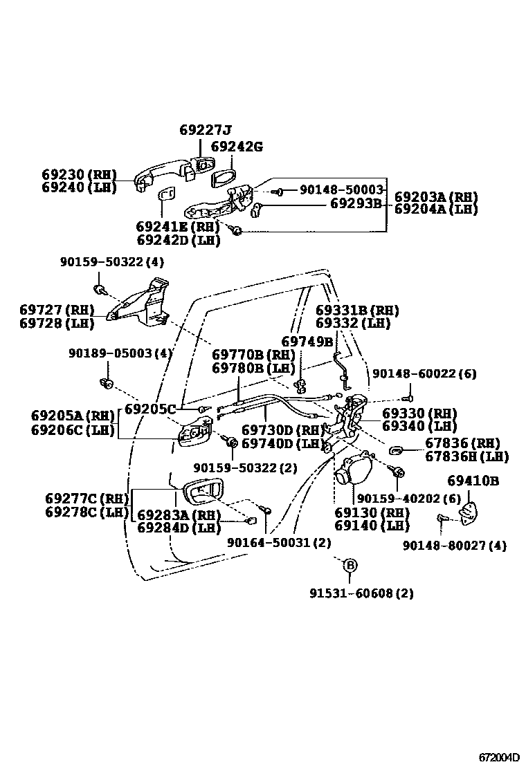 Toyota RAV4 后门锁和后门把手 EPC diagram — 672004D
