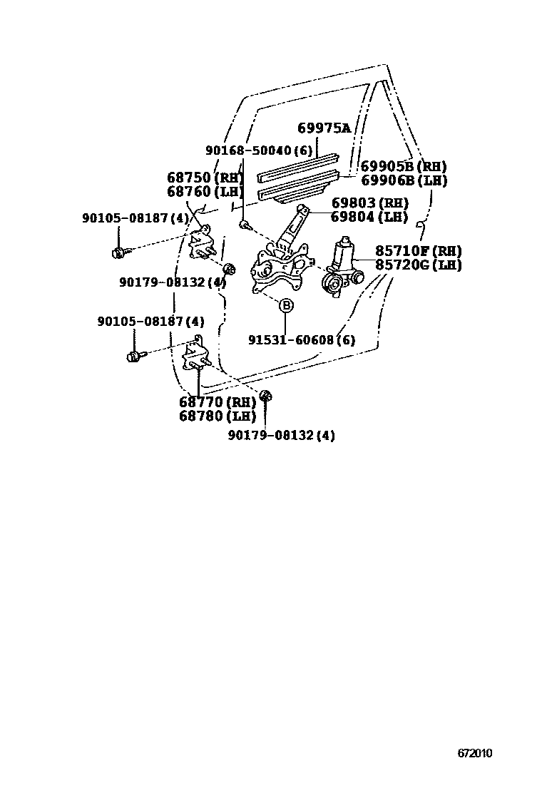 Toyota RAV4 后门车窗升降器和合页 EPC diagram — 672010C
