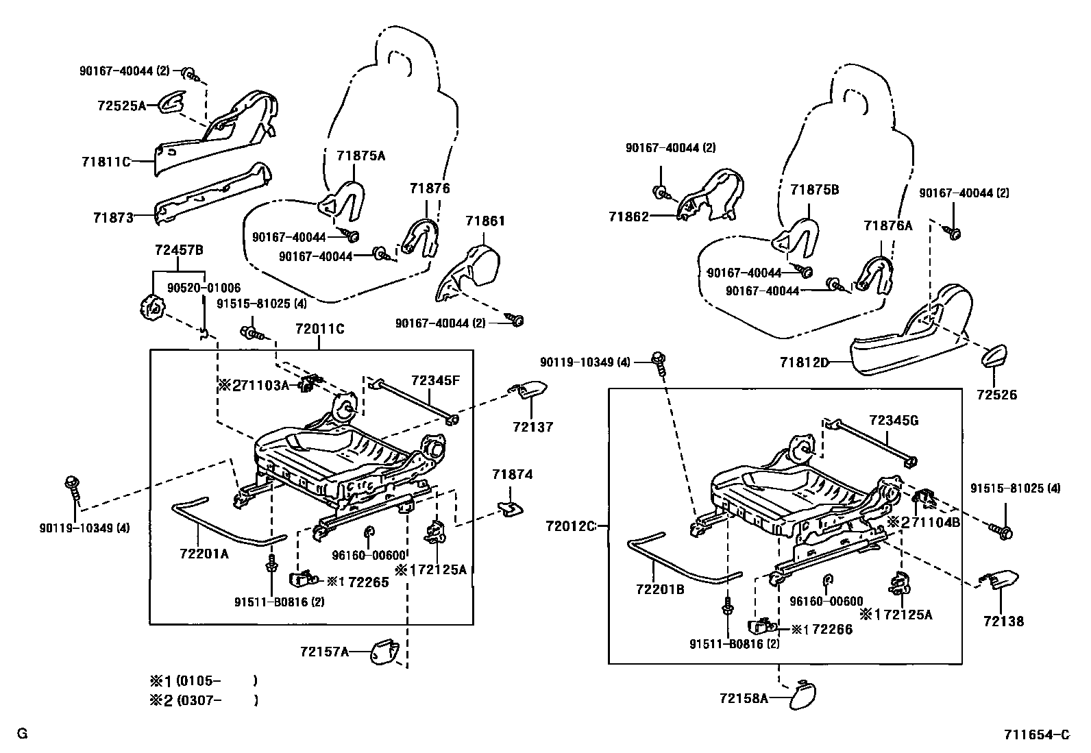 Toyota RAV4 座椅和座椅滑轨 EPC diagram — 711654C