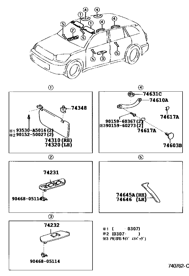 Toyota RAV4 扶手和遮阳板 EPC diagram — 740762C