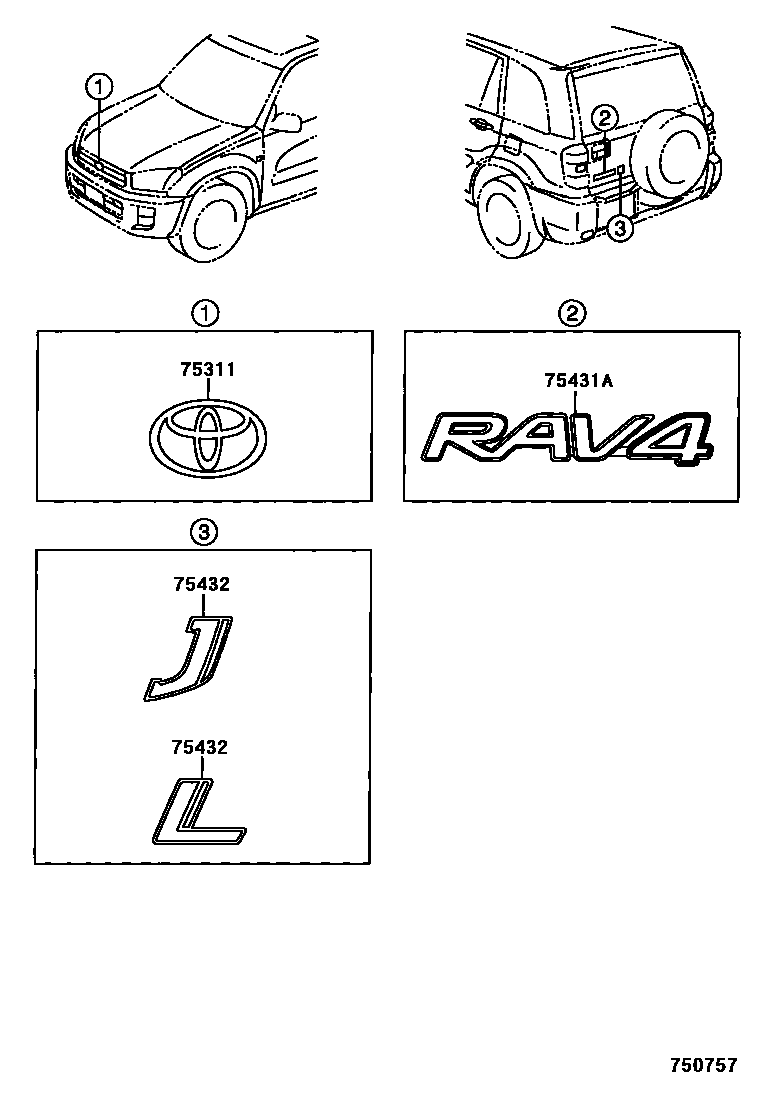 Toyota RAV4 徽标和铭牌 EPC diagram — 750757
