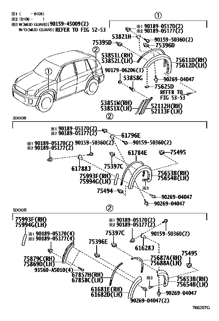 Toyota RAV4 扰流板和侧挡泥板 EPC diagram — 760207G