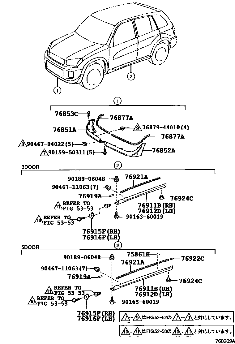 Toyota RAV4 扰流板和侧挡泥板 EPC diagram — 760209A