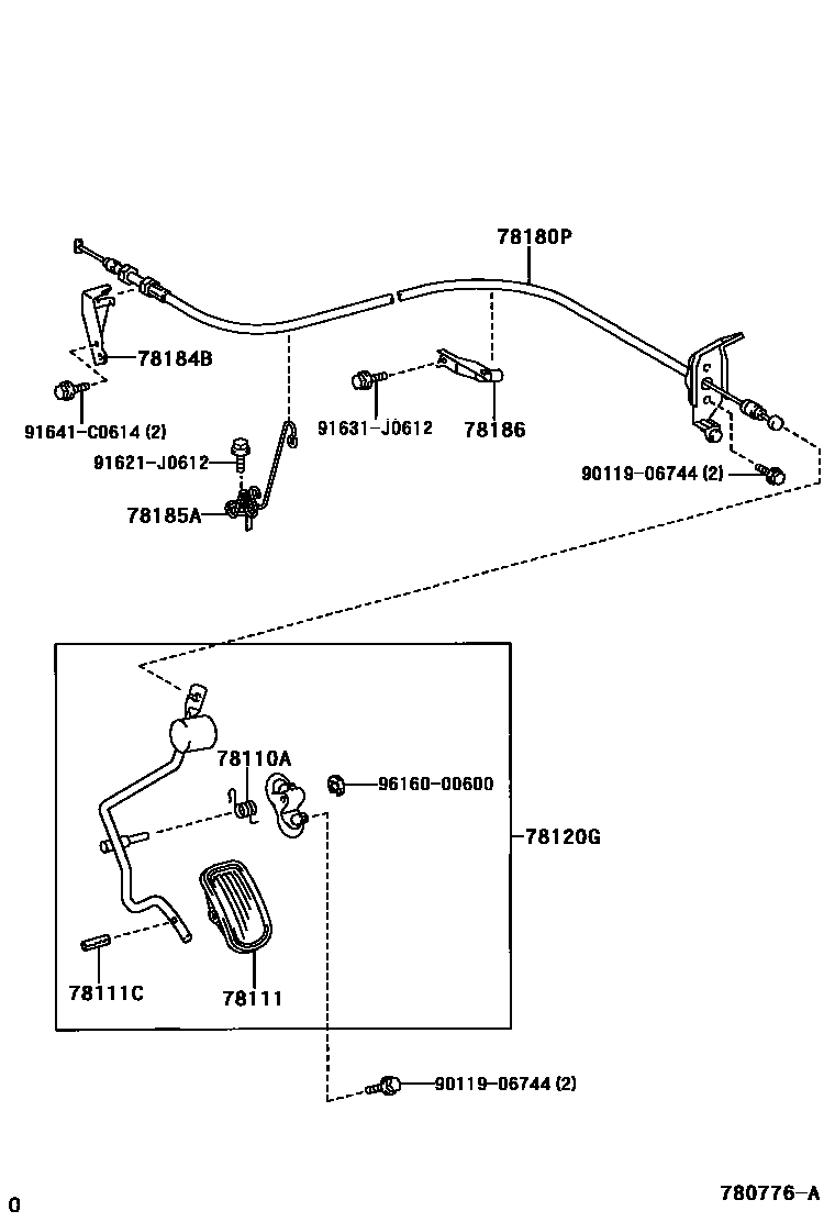 Toyota RAV4 accelerator pedal connecting rod EPC diagram — 780776A