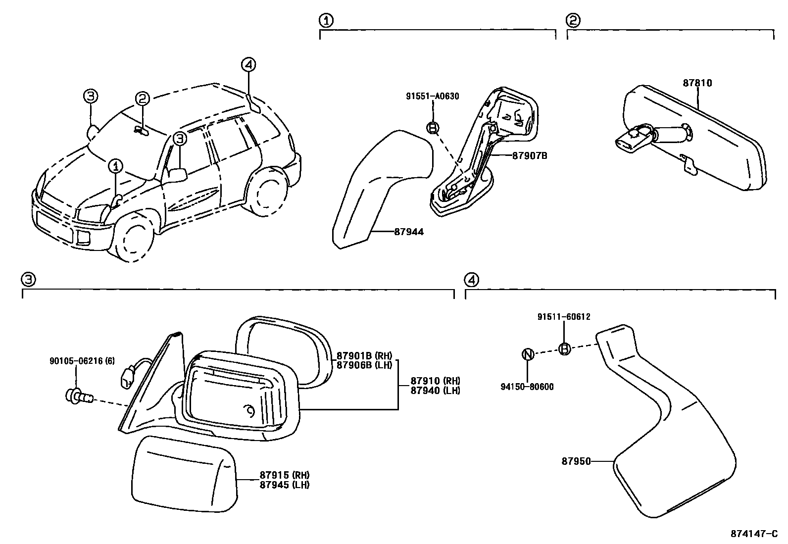 Toyota RAV4 后视镜 EPC diagram — 874147C