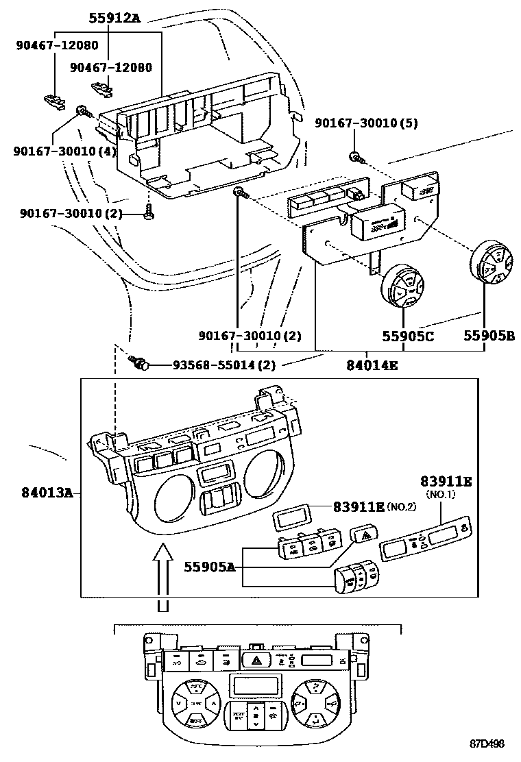 Toyota RAV4 暖风和空调系统 - 控制器和风管 EPC diagram — 87D498