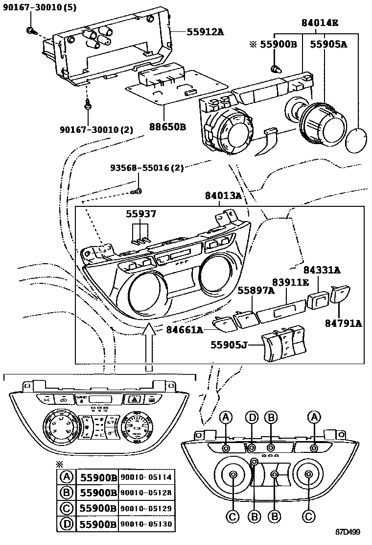 Toyota RAV4 暖风和空调系统 - 控制器和风管 EPC diagram — 87D499