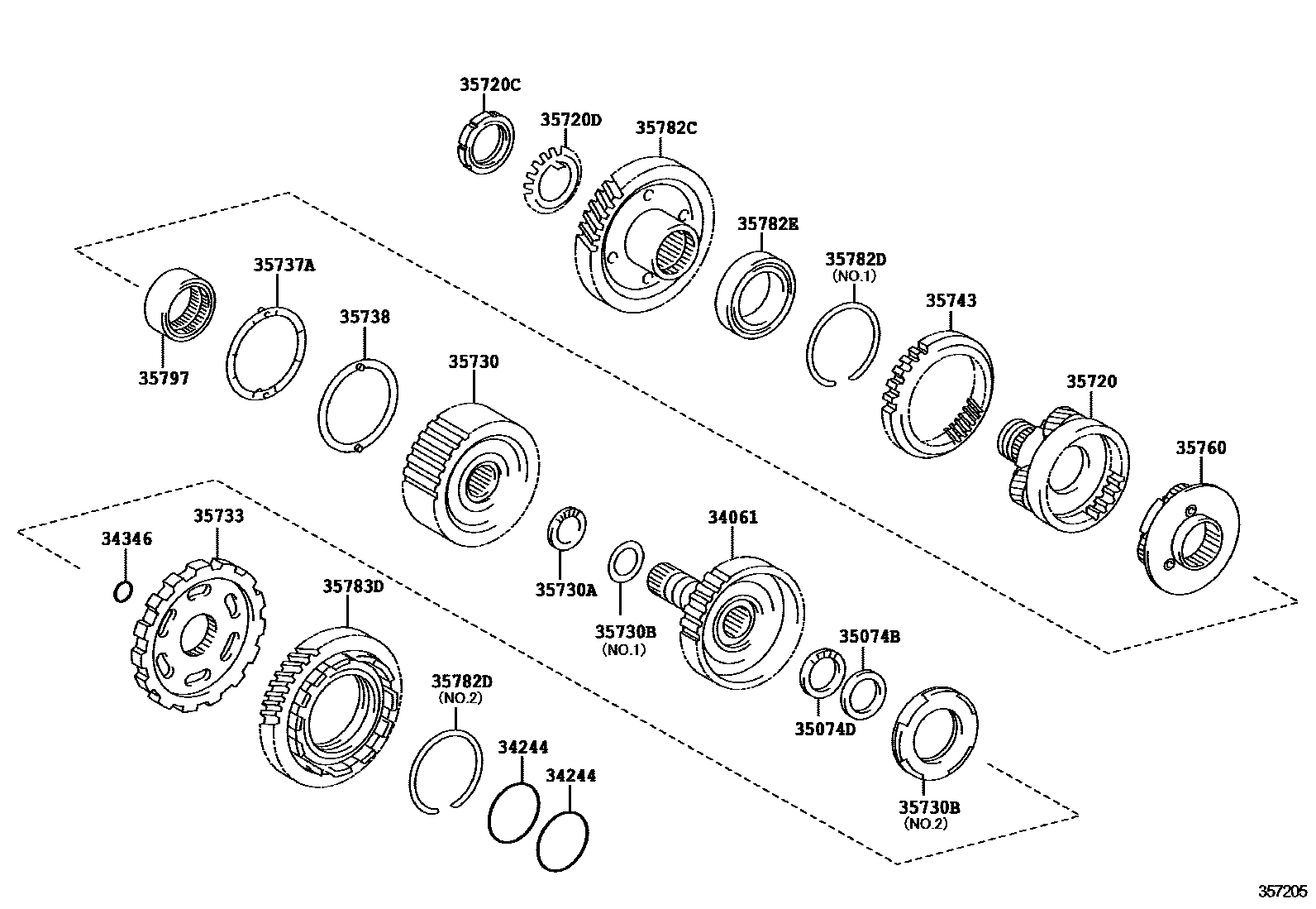 Toyota RAV4 行星齿轮、倒档活塞和中间轴齿轮(ATM) EPC diagram — 357205
