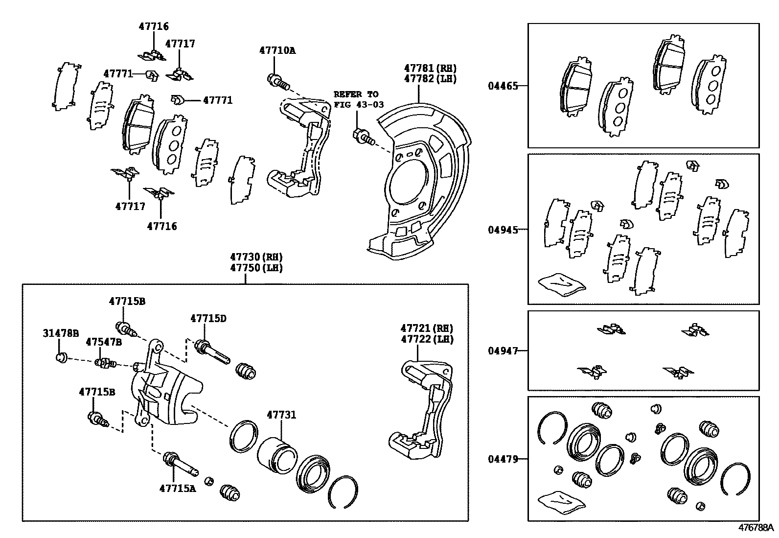 Toyota RAV4 前盘式制动器卡钳和防尘罩 EPC diagram — 476788A