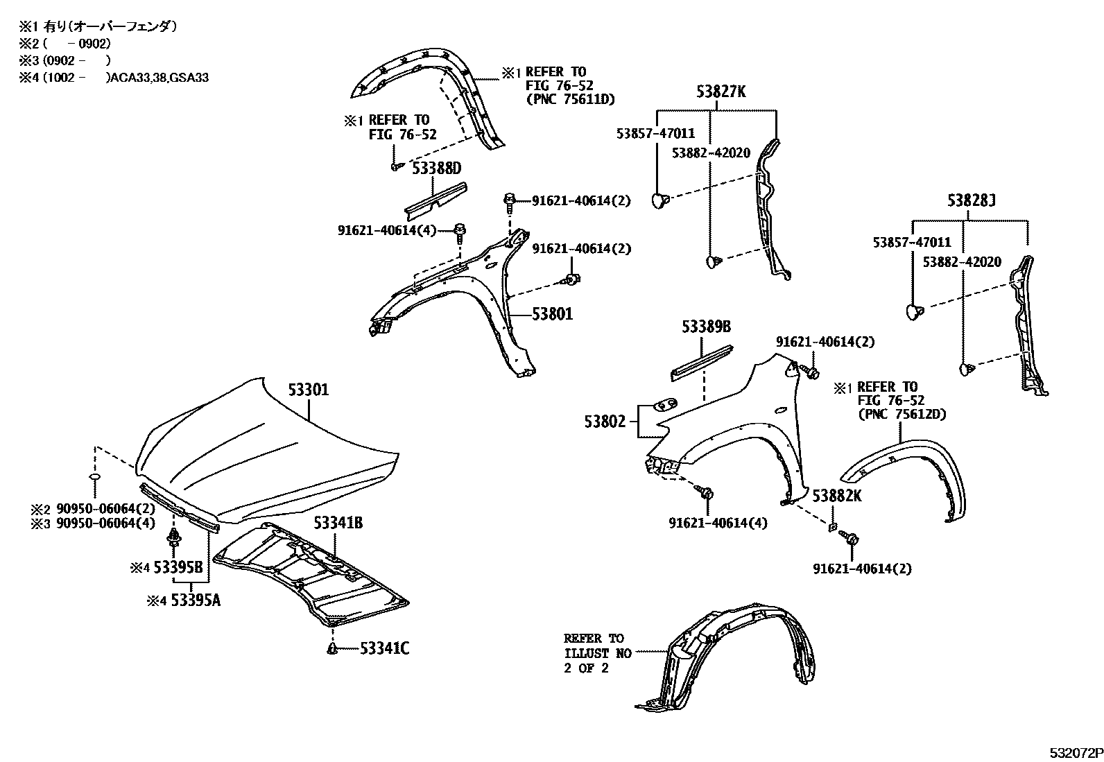 Toyota RAV4 发动机盖和前翼子板 EPC diagram — 532072P