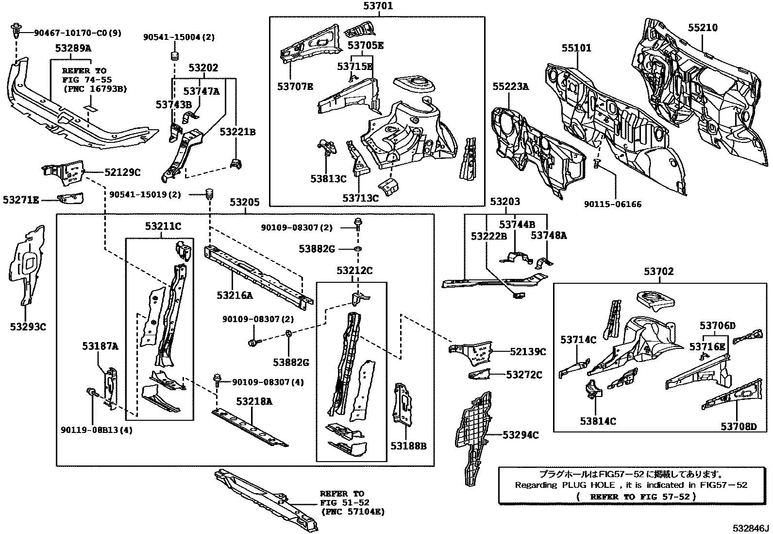 Toyota RAV4 前翼子板挡泥板和前围板 EPC diagram — 532846J