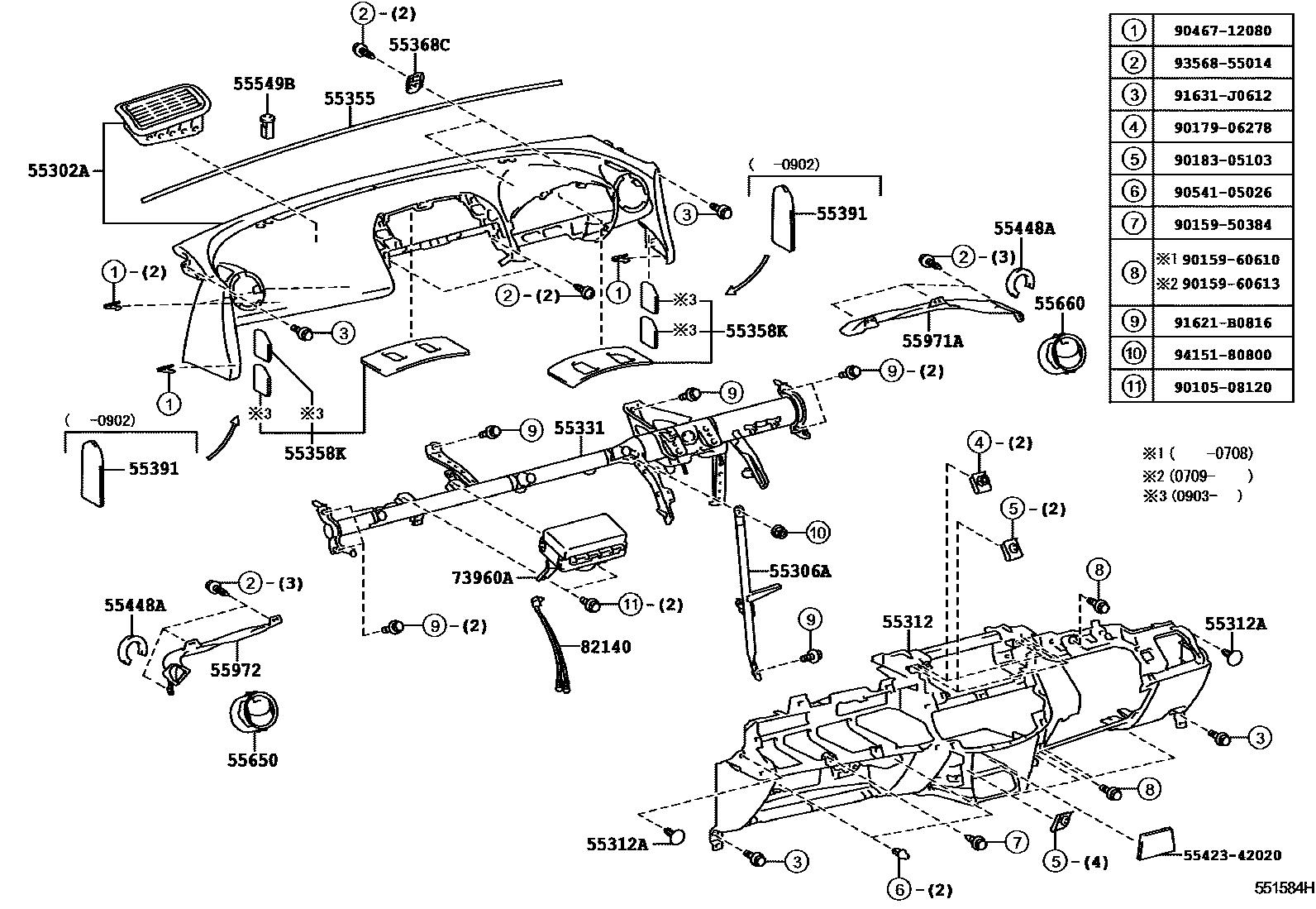 Toyota RAV4 仪表板和手套箱 EPC diagram — 551584H