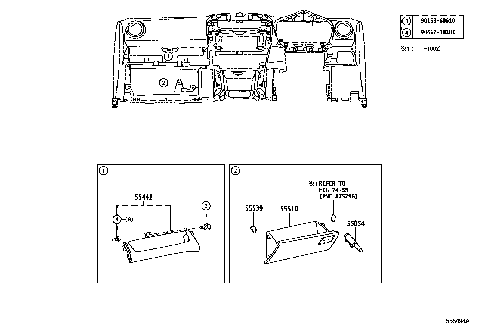 Toyota RAV4 仪表板和手套箱 EPC diagram — 556494A