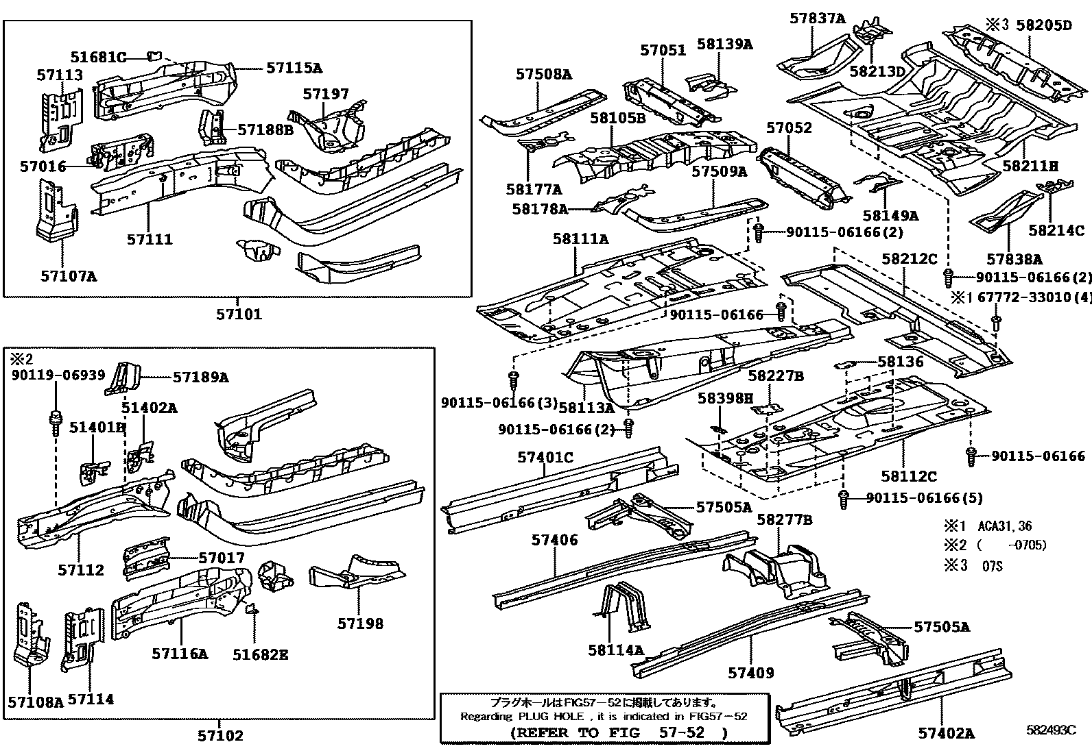 Toyota RAV4 前地板和前地板梁 EPC diagram — 582493C