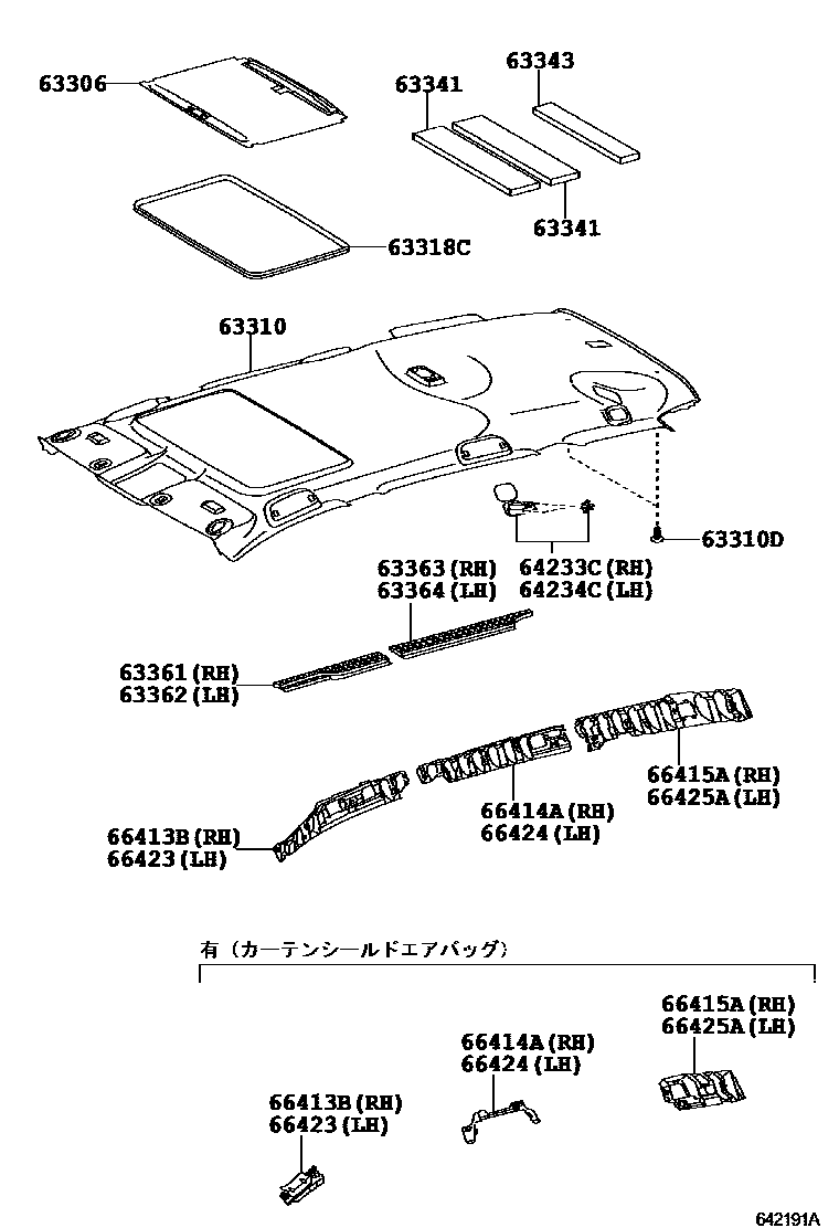 Toyota RAV4 车顶内衬和消声垫 EPC diagram — 642191A