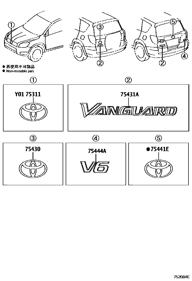 Toyota RAV4 徽标和铭牌 EPC diagram — 752084E