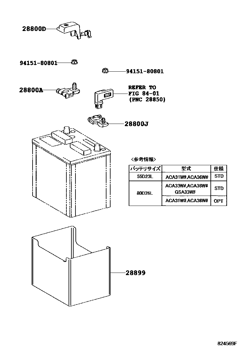 Toyota RAV4 蓄电池和蓄电池电缆 EPC diagram — 824569F