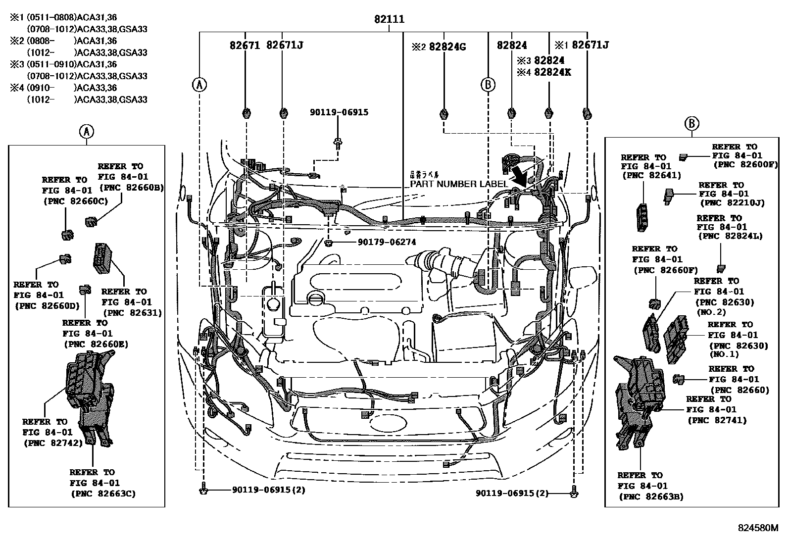 Toyota RAV4 线束和卡夹 EPC diagram — 824580M