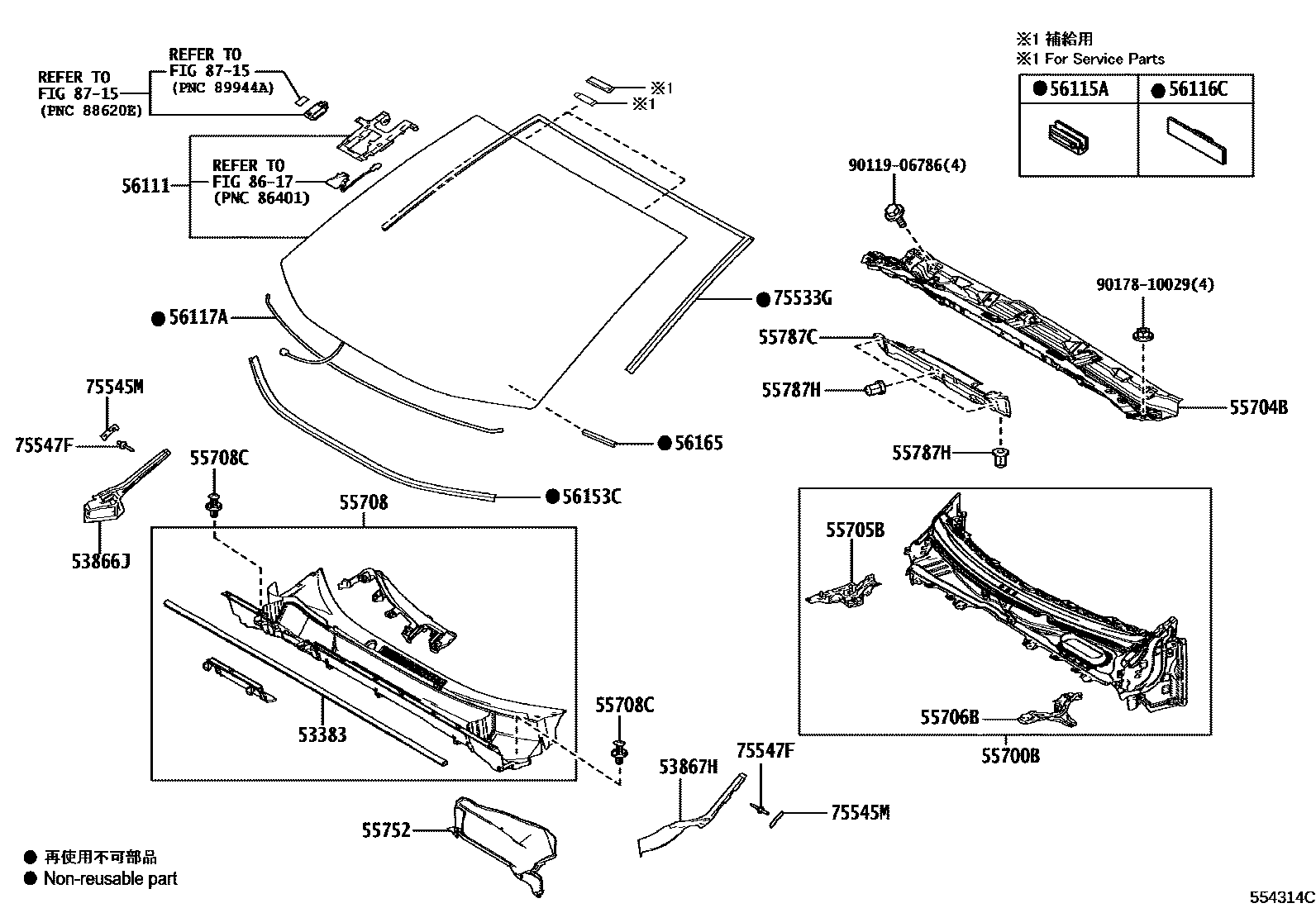 Toyota RAV4 前围板和挡风玻璃 EPC diagram — 554314C