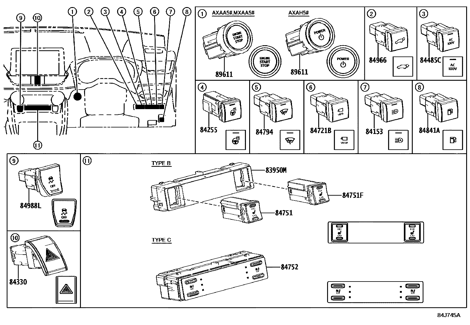 Toyota RAV4 开关和继电器和ECU EPC diagram — 84J745A