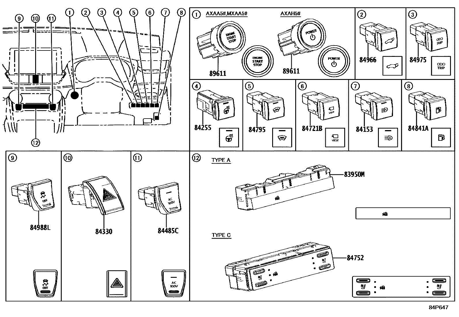 Toyota RAV4 开关和继电器和ECU EPC diagram — 84P647