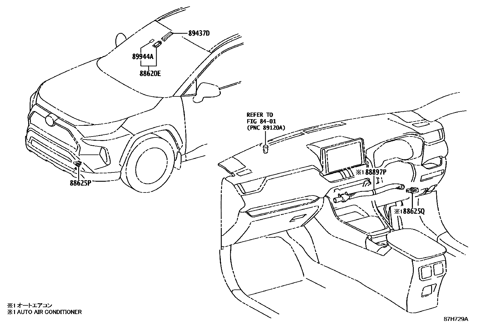 Toyota RAV4 暖风和空调系统 - 控制器和风管 EPC diagram — 87H729A