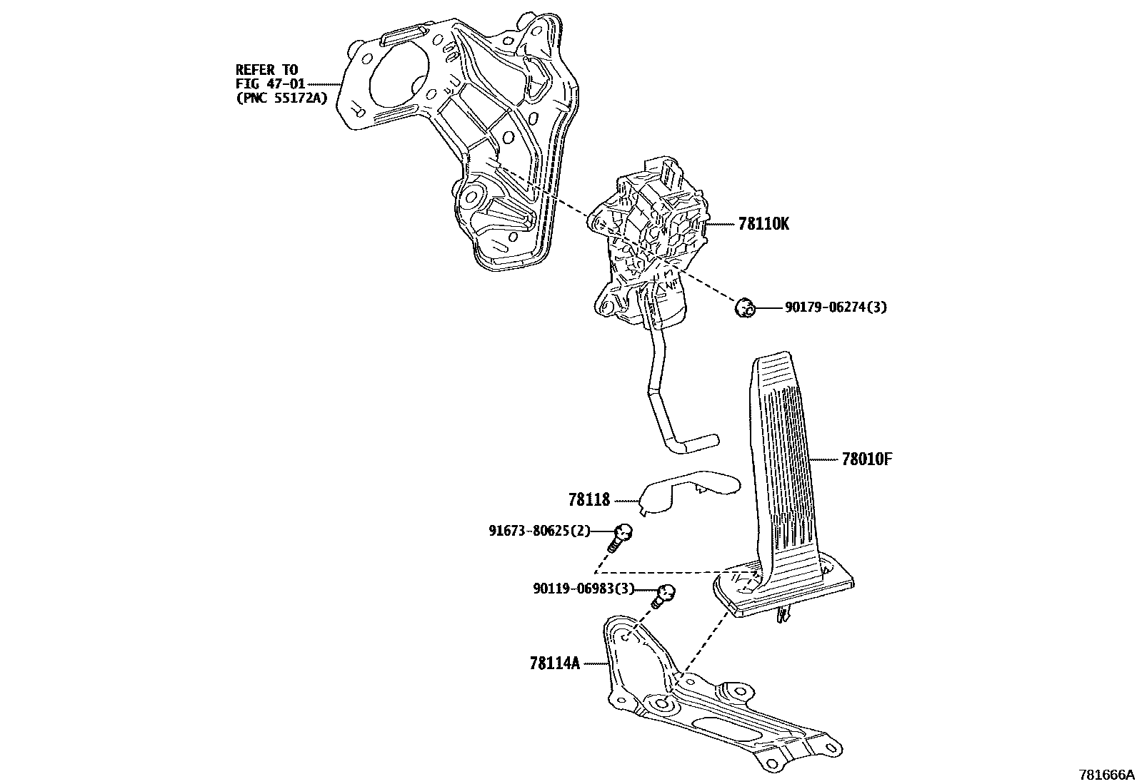 Toyota RAV4 accelerator pedal connecting rod EPC diagram — 781666A