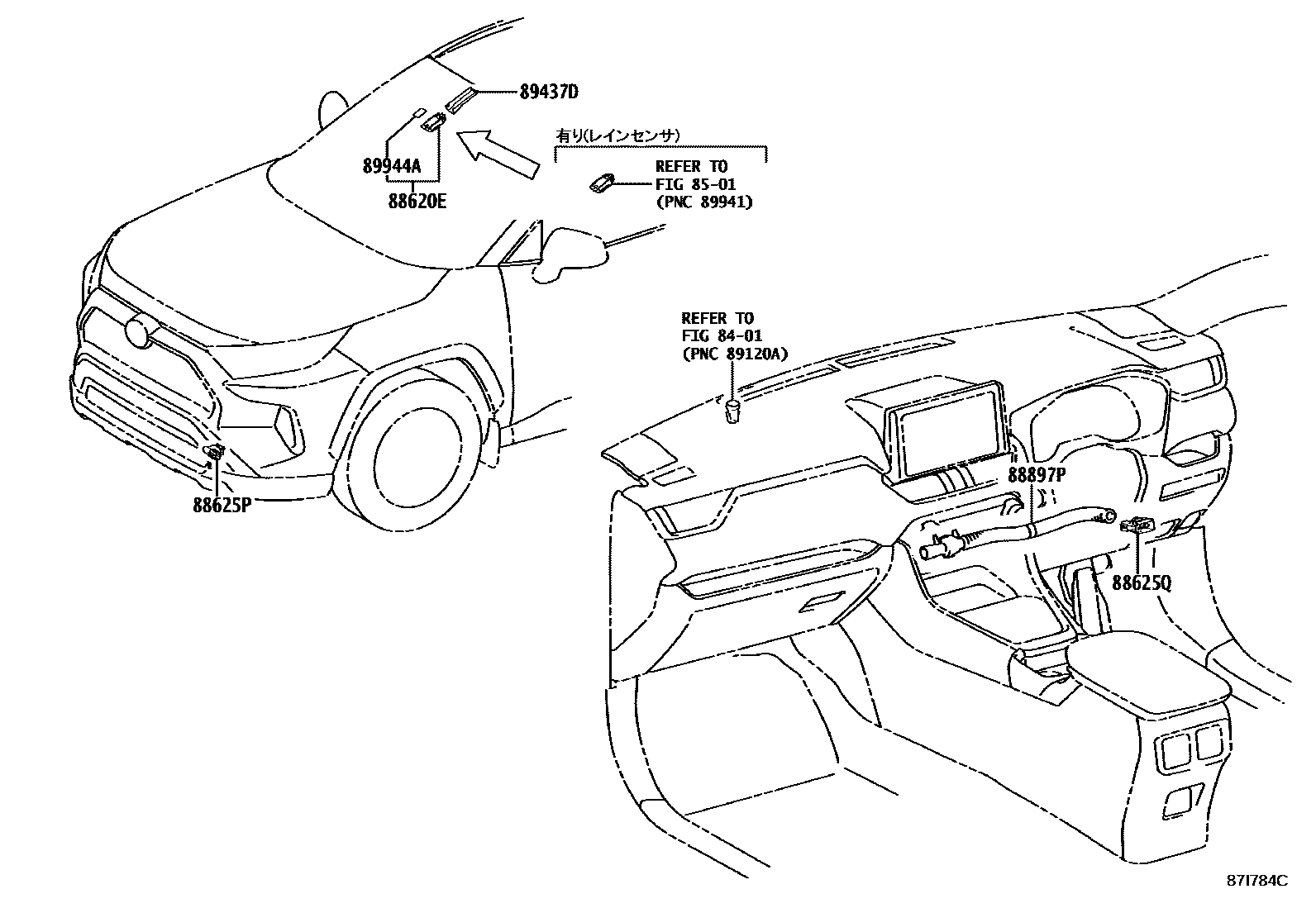 Toyota RAV4 暖风和空调系统 - 控制器和风管 EPC diagram — 87I784C
