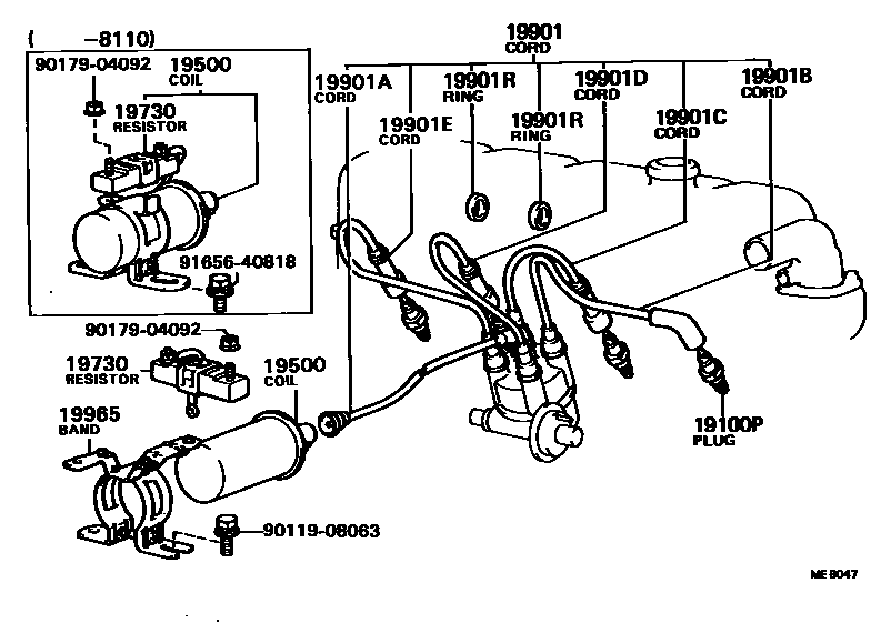 Toyota HILUX 点火线圈和火花塞 EPC diagram — MEB047