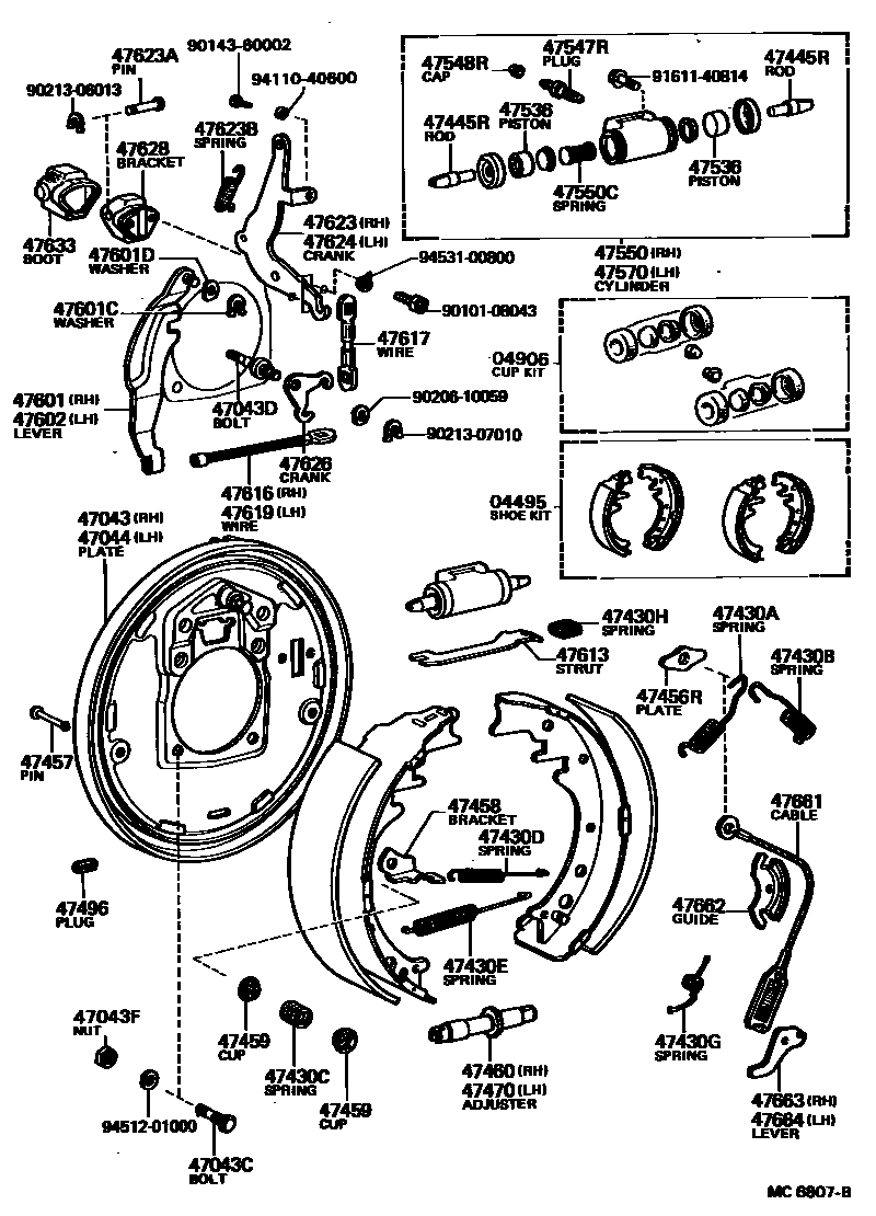 Toyota HILUX 后鼓式制动器分泵和底板 EPC diagram — MC6807B