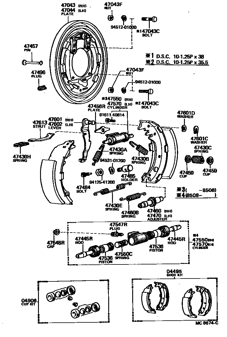 Toyota HILUX 后鼓式制动器分泵和底板 EPC diagram — MC8674C