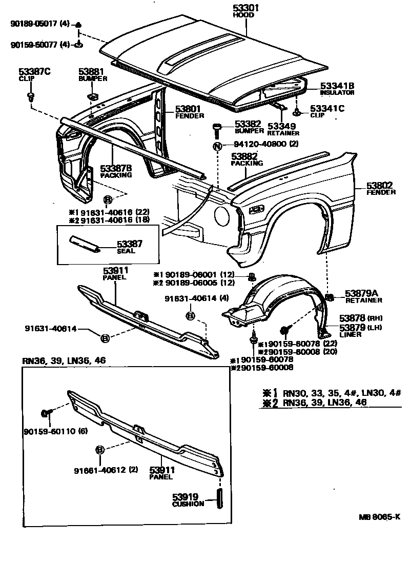 Toyota HILUX 发动机盖和前翼子板 EPC diagram — MB8065K