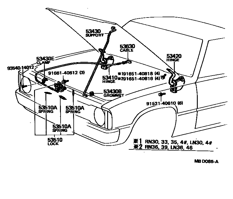 Toyota HILUX 发动机盖锁和铰链 EPC diagram — MBD086A