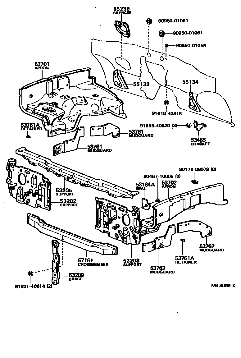 Toyota HILUX 前翼子板挡泥板和前围板 EPC diagram — MB8069K