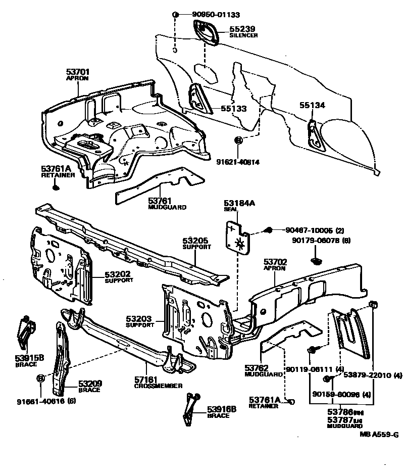 Toyota HILUX 前翼子板挡泥板和前围板 EPC diagram — MBA559G